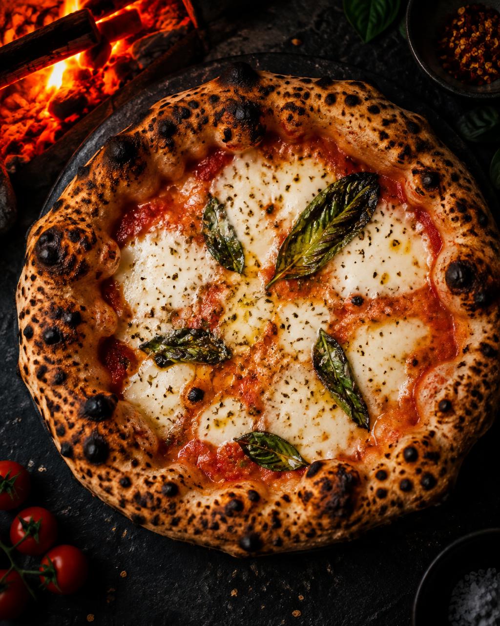 Pizza de forno a lenha com borda tostada e muçarela derretida